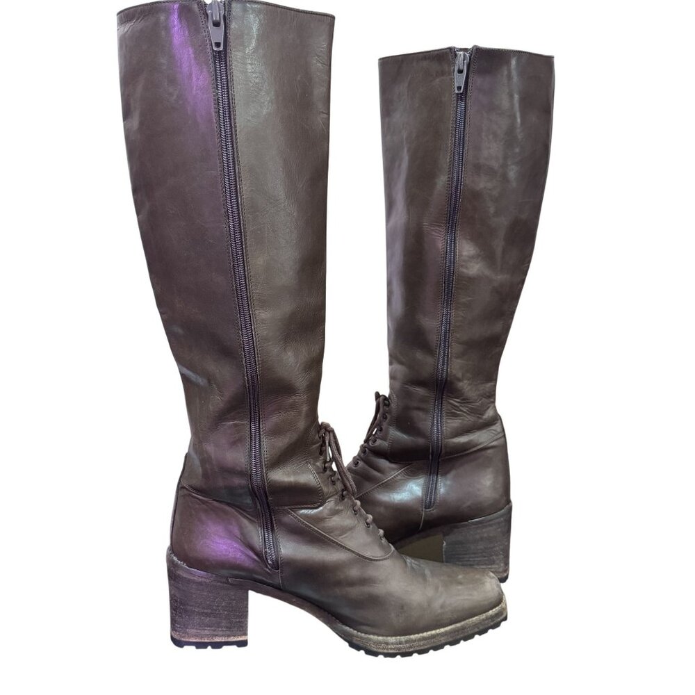 Armando Pollini Women's Brown Leather Zip&Tie Closure Block Heels Boots Size 39 - Picture 5 of 13